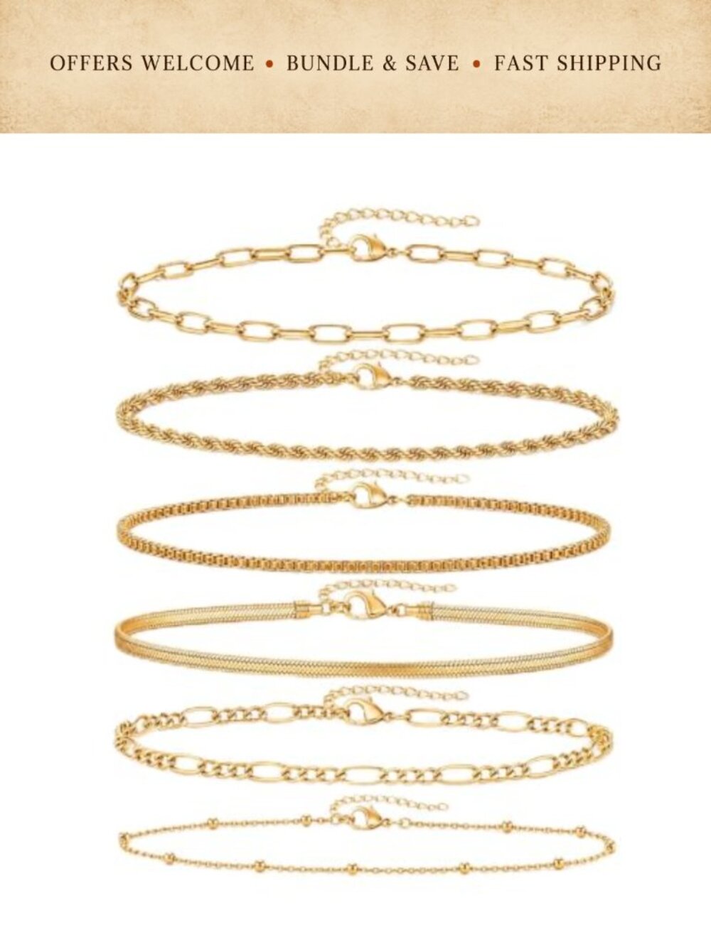 6-Pc 14K Gold Plated Layered Bracelet Set Adjustable Waterproof Stackable